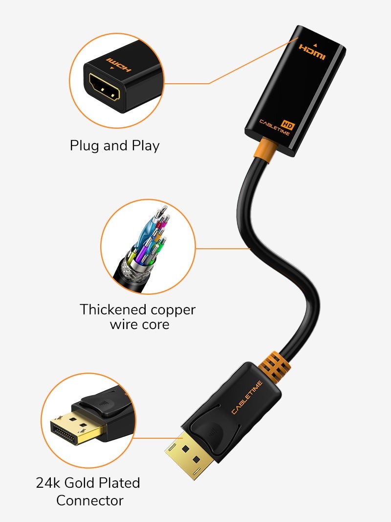 كابل تايم محول كابل تايم من منفذ العرض إلى منفذ HDMI، يدعم دقة Full HD (1920*1080 بكسل)/60 هرتز، غلاف من مادة PVC سوداء - Image 2